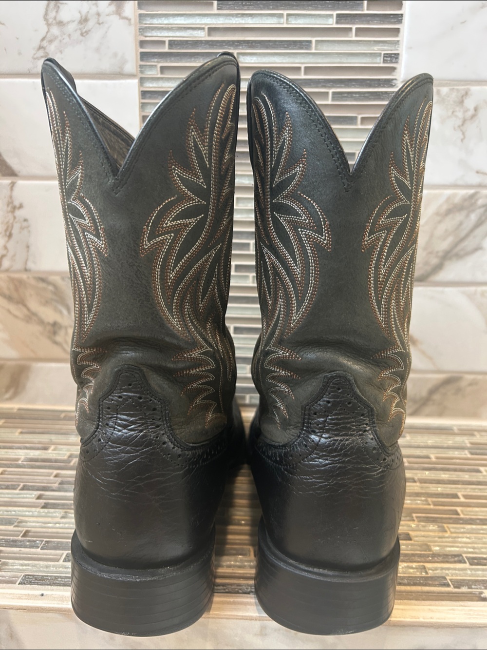 Ariat Black Leather Western Cowboy Boots with Brown Stitching - Picture 9 of 12